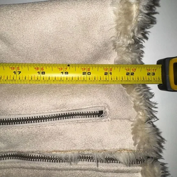 Express Faux Suede Moto Jacket Cream Shearling Collar Zip Front Large - Picture 13 of 13